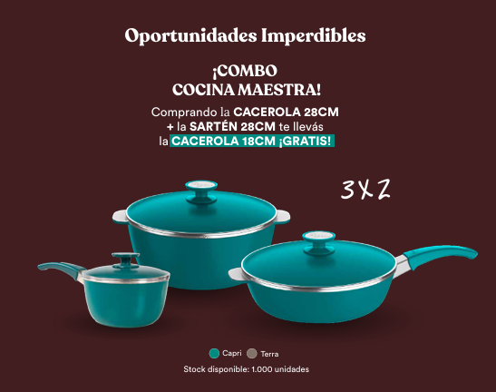 Combo Cocina Maestra: Cacerola 28cm + Sartén 28cm, Cacerola 18cm de regalo, 3x2